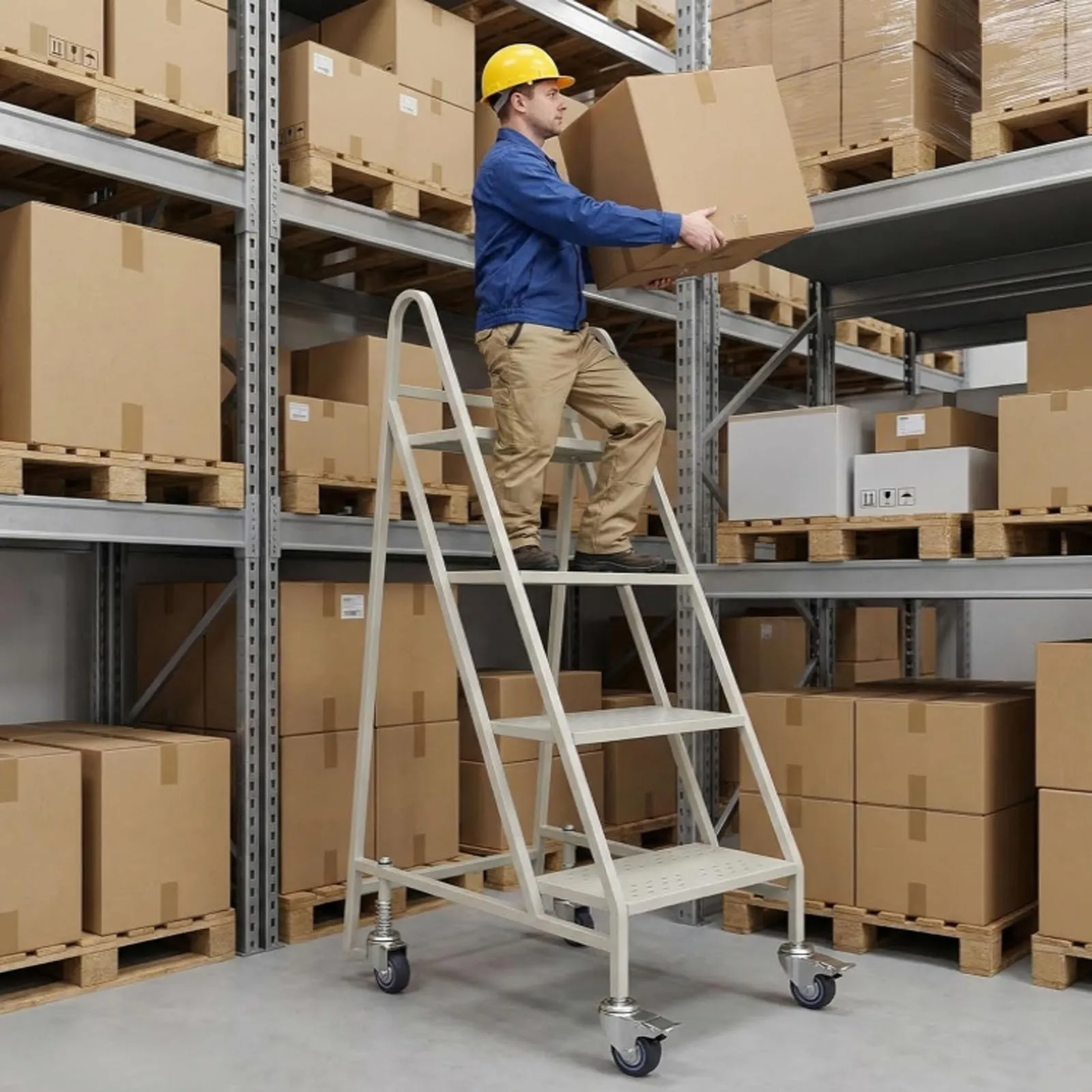 

4-ступенчатая лестница-трансформер на колесах, грузоподъемность 400 кг, для промышленного и складского использования
