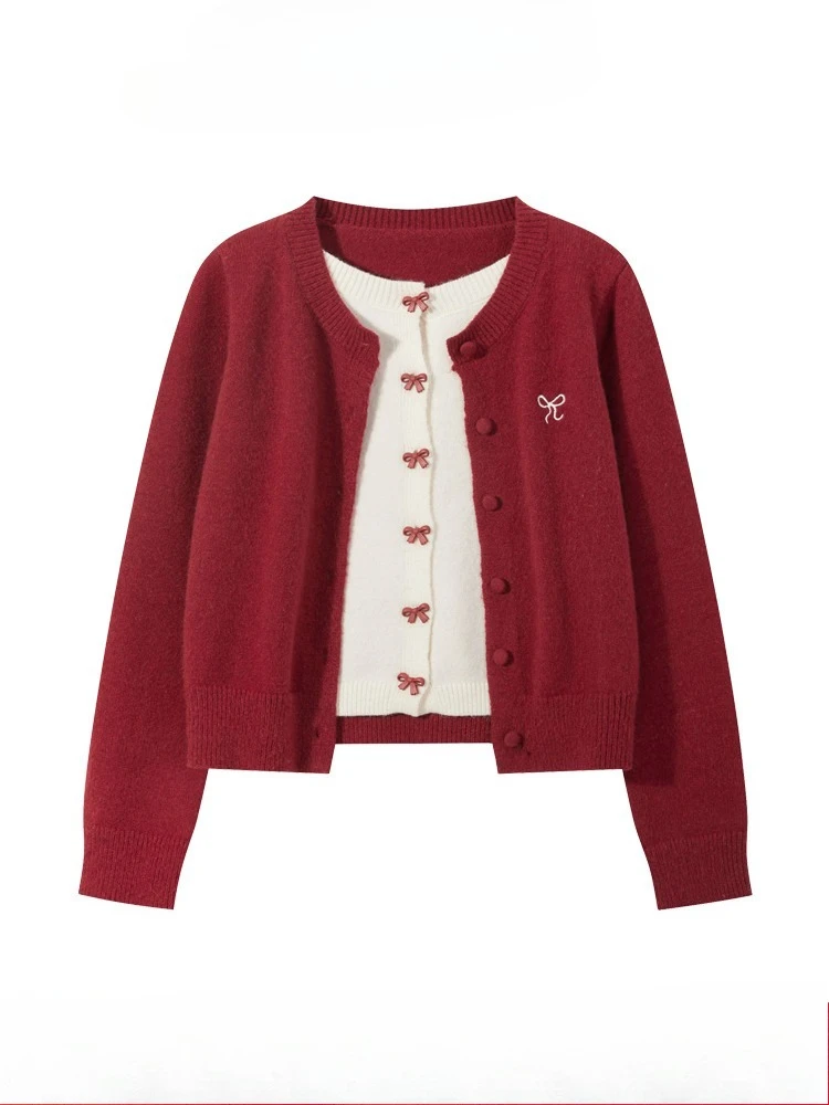 

Женская одежда, искусственные два предмета, свитера в корейском стиле, осень/зима, вязаный кардиган с длинными рукавами и бантом, женский топ с круглым вырезом, повседневное пальто