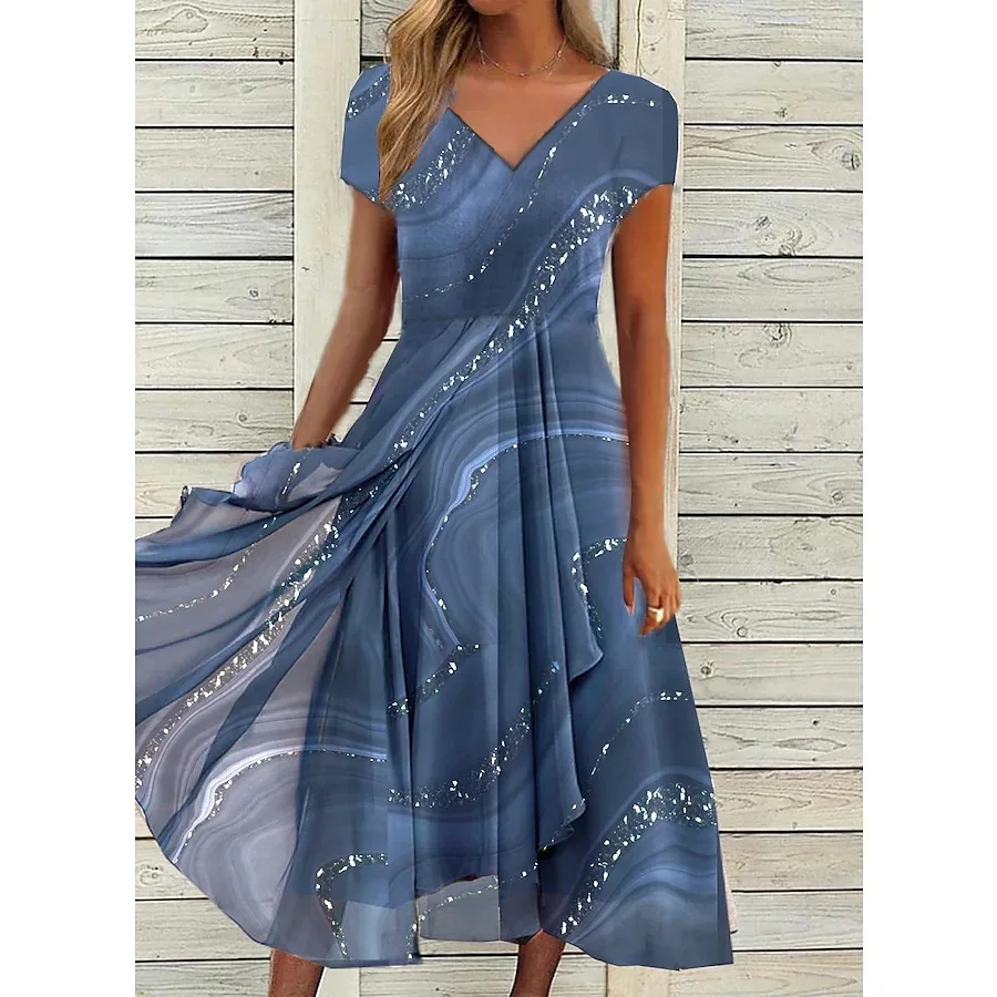 

2026 Women's Dress Casual Fashion Office Patchwork Summer Midi V-Neck Women Swear Sweet Dresses For WomenClothes Vestidos