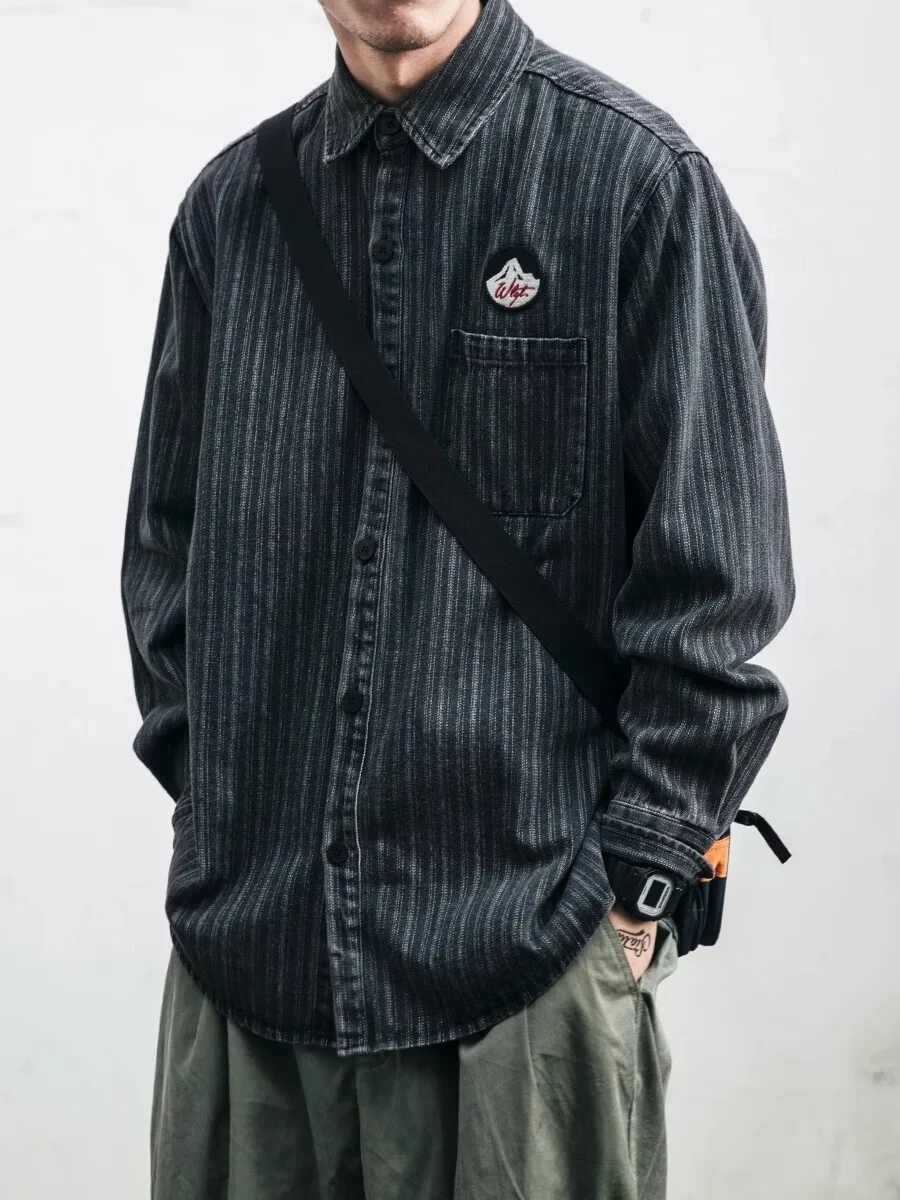 

Свободная мужская рубашка в полоску с длинным рукавом, осенне-весенняя, в корейском стиле, повседневная, для пар, молодежная, модная, с классическим воротником