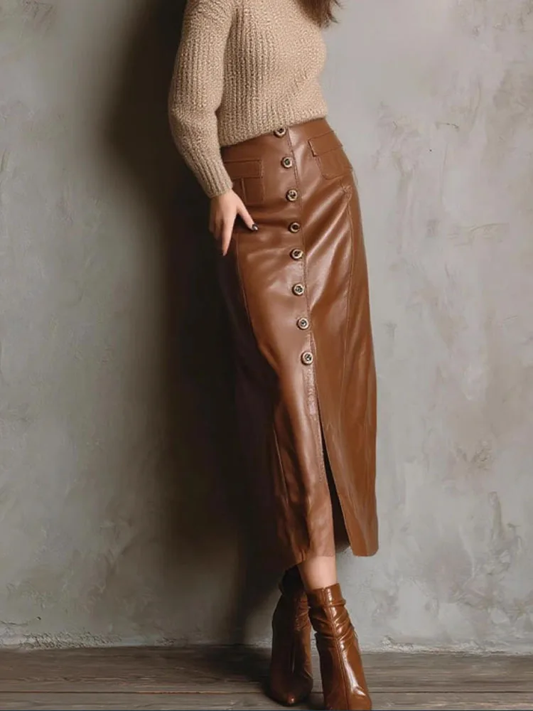 

Sexy Button Slit Slim Fit High Waisted Wrapped PU Leather Long Skirt