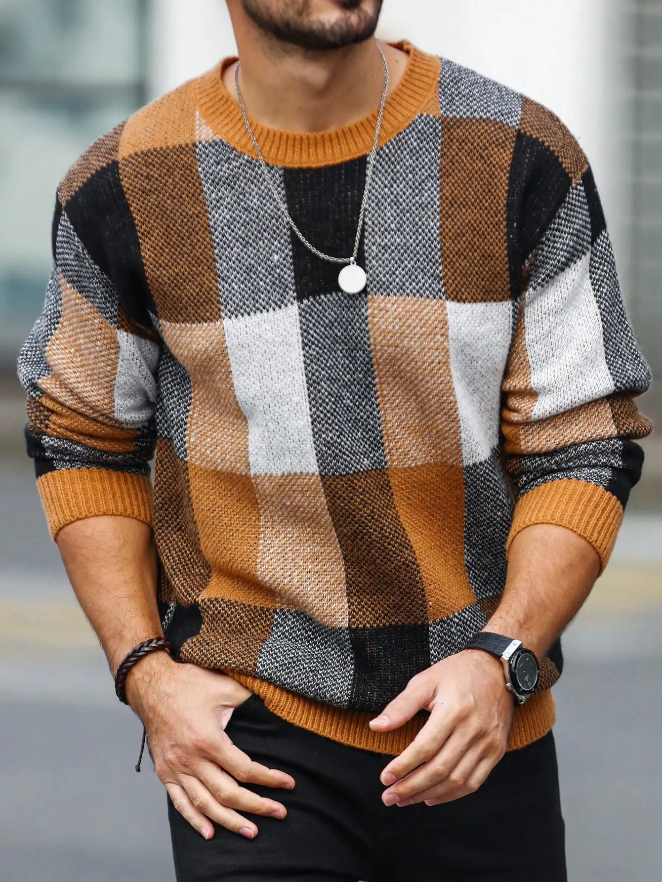 

Men's Plaid Round Neck Knit Sweater, Long Sleeve, Fall/Winter Casual Pullover