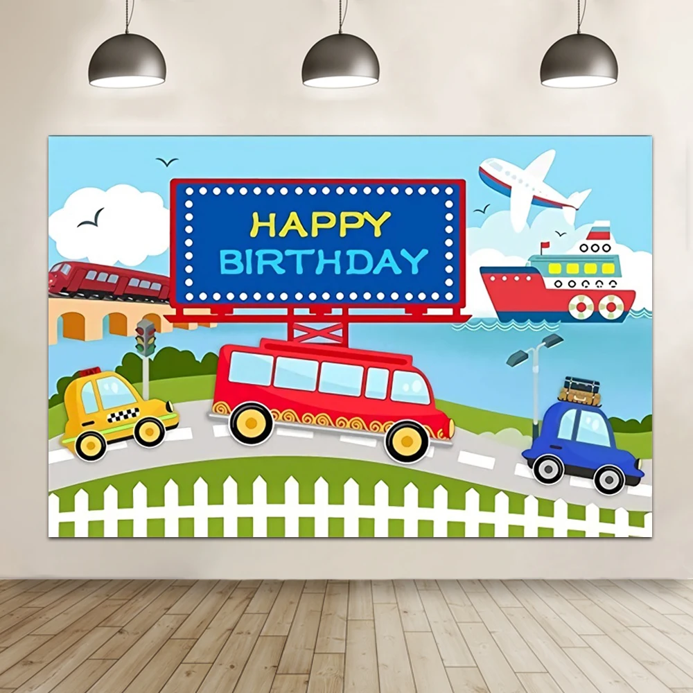 Laeacco Cartoon Car Theme Backdrop for Photography Boys Birthday Party Newborn Baby Shower Photo Photographic Background Decor image 2