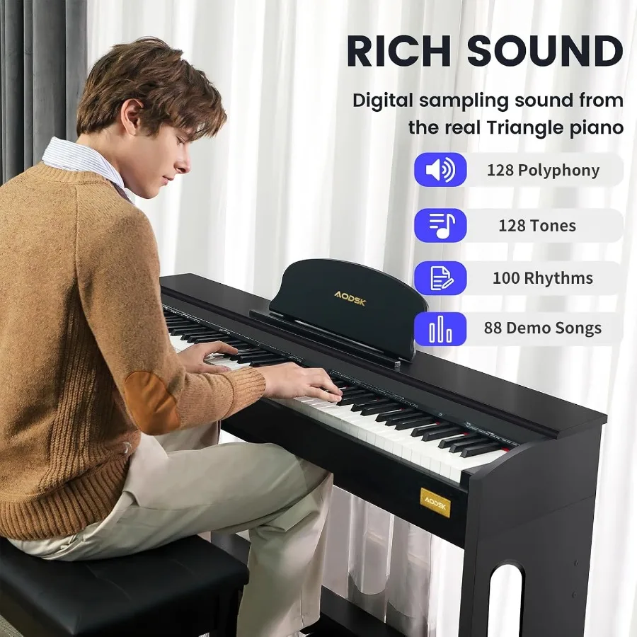88Key Weighted Hammer Action Digital Piano with Builtin Speakers FurnitureStyle Stand Triple Pedals Headphone Support BeginnerF
