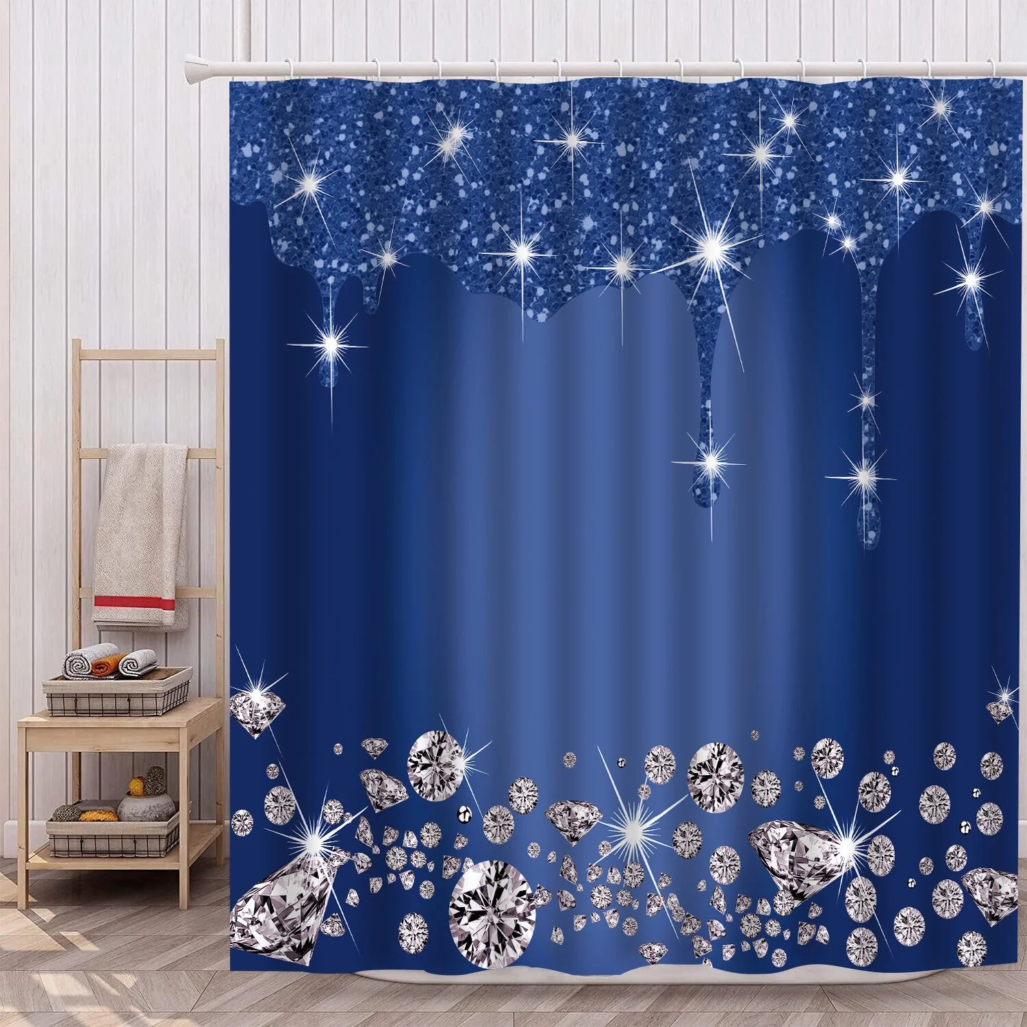 1Pc sparkling diamond waterproof shower curtain, elegant luxurious bathroom decor, with 12 plastic hooks