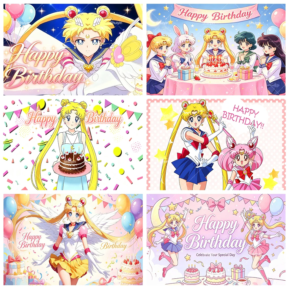 Toile de fond de dessin animé Sailor Moon pour décorations d'anniversaire de filles, fournitures de fête, décoration rose pour baby shower, accessoire de photographie, cadeau