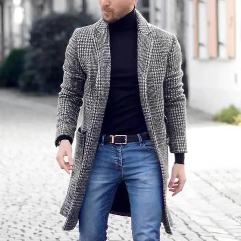 

Мужское зимнее модное пальто-тренч класса люкс, длинное, шерстяное, повседневное, в клетку, на пуговицах, ветровка, винтажный стиль, премиум-качество