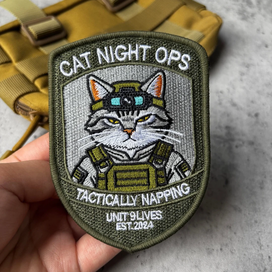 Cat Night Ops Patch Taktischer Katzen-Moral-Patch Taktisch besticktes Klett-Militärabzeichen für Rucksack und Kleidung – Detail 1