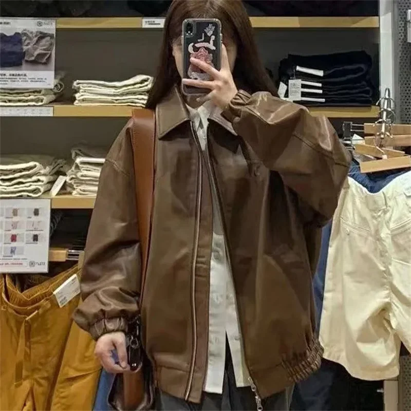 Retro Women Fashion PU Leather Jacket 2025 Ladies Solid Color Leather Tops Spring Autumn Female Long Sleeves Faux Leather Coat