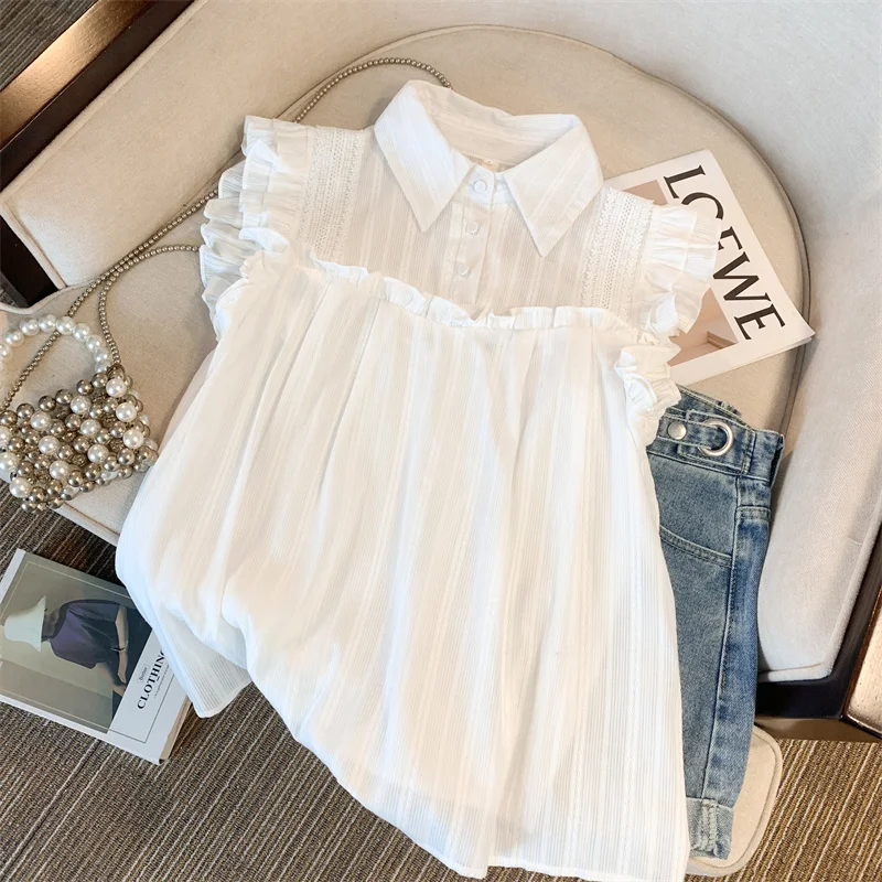 2024 Summer Blouse Women Sleeveless Ruffles White Shirts Pullover Blusas Mujer De Moda Korean Fashion Loose Blouses Ladies Tops