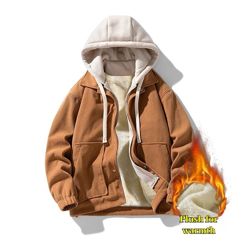 Winter Unisex Corduroy Hooded Jacket with Plush Insulation for Men\'s Hong Kong Style Holiday Two-piece Hoodie Jacket