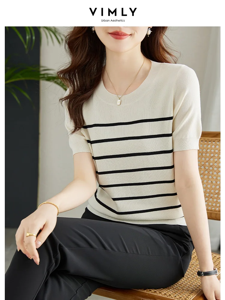 Vimly Summer Striped Sweater for Women 2024 O Neck Pullover Short Sleeve T-shirts Soft Thin Loose Basics Knitted Top Knitwear