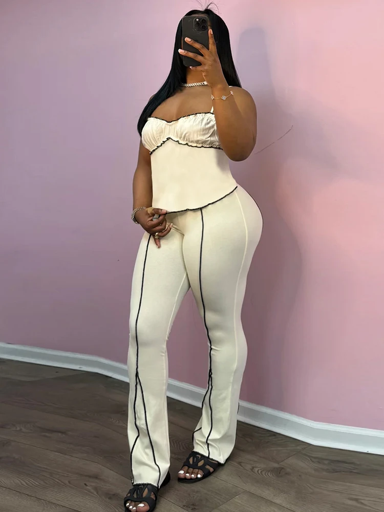 

kliou Stripe Splice Women 2 Piece Set Classic Summer Matching Outfits Ruched Trim Slim Camis+High Waist Flare Pants Streetwear