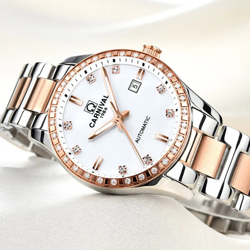 Carnival Brand Luxury Watches for Women Fashion Waterproof Rose Gold Silver Calendar Automatic Mechanical Wristwatch Reloj Mujer