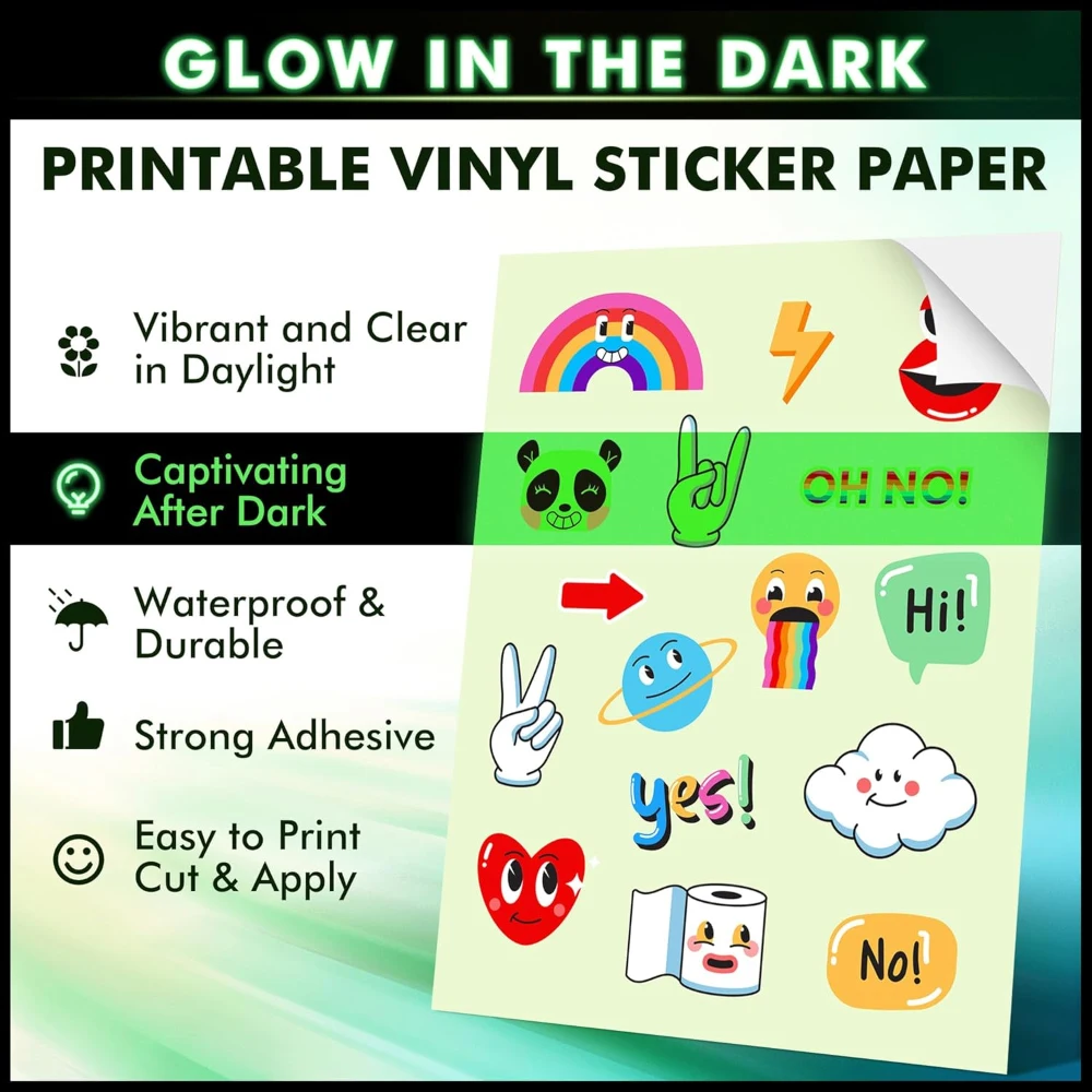 Glow in The Dark Printable Vinyl Sticker Paper A4 for Inkjet Printers Home Decoration DIY Waterproof Sticker Paper 5 Sheets