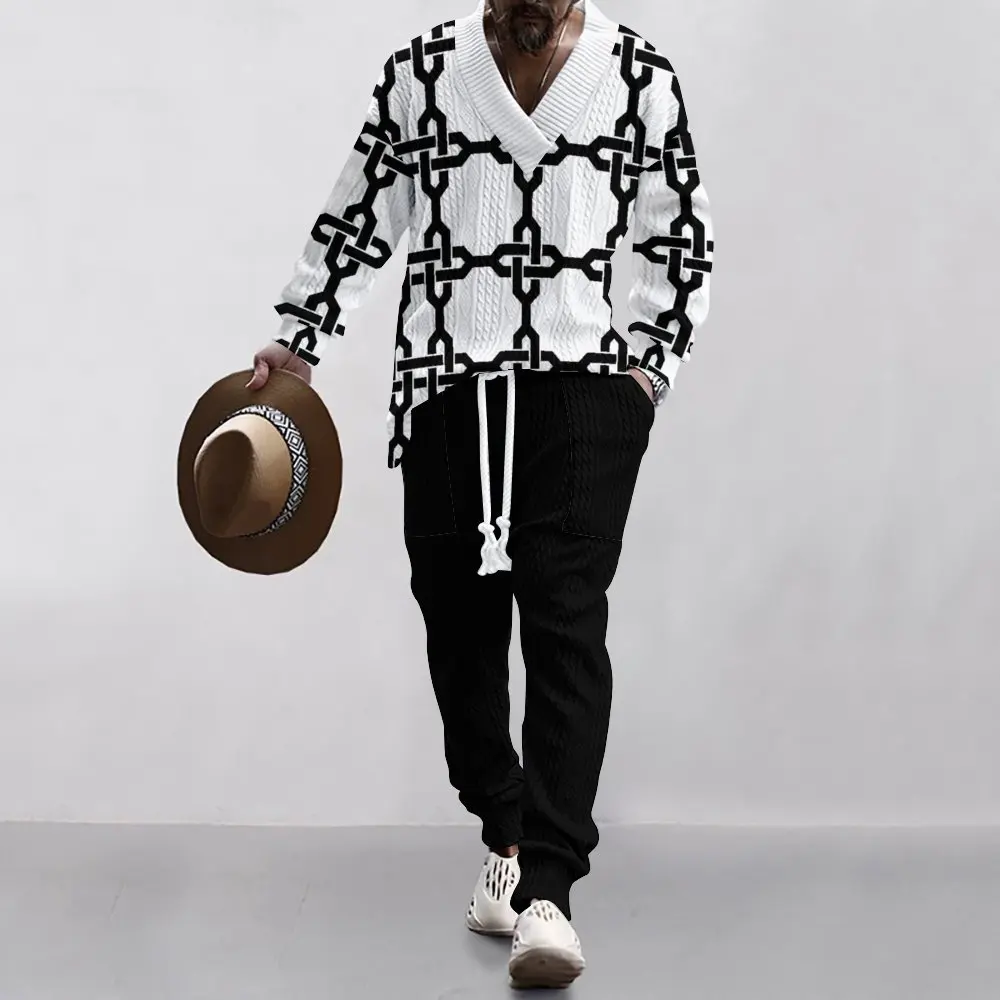 

Мужская осенне-зимняя новая мода в американском стиле, повседневная, универсальная, с v-образным вырезом, удобная вес, с 3D уникальным принтом, из двух частей