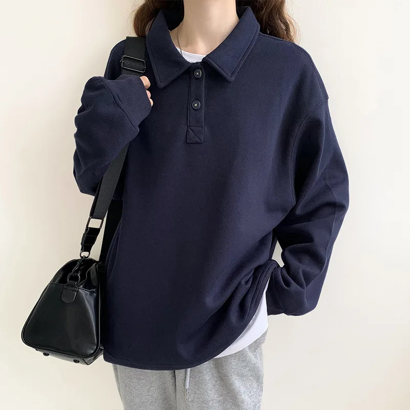 Vintage Lapel Collar Loose Sweatshirt Women New Spring Autumn Korean Style Casual Pullovers Women Solid Long Sleeve Hoodie