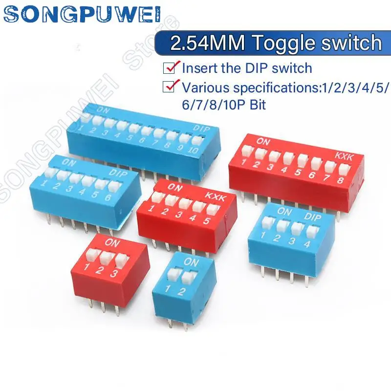 100PCS Slide Type Switch 1 2 3 4 5 6 7 8 9 10 12 Bit 2.54mm Position Way DIP Red Pitch Toggle Switch Red Blue Snap Switch