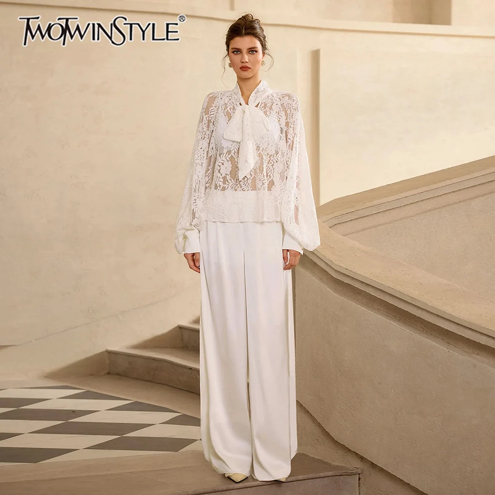 

TWOTWINSTYLE однотонные комплекты из двух предметов для женщин с v-образным вырезом и длинными рукавами, прозрачный топ на шнуровке, комплект с высокой талией и разрезом, женский новый комплект