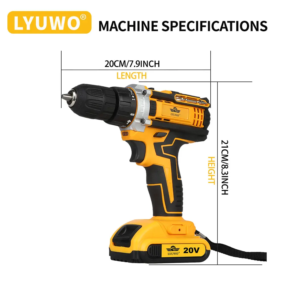 LYUWO 20V 0.8-10mm Cordless Drill Lithium Battery Rechargeable Multifunctional Drill, Dual Speed Power Tool With Two Drill Bits