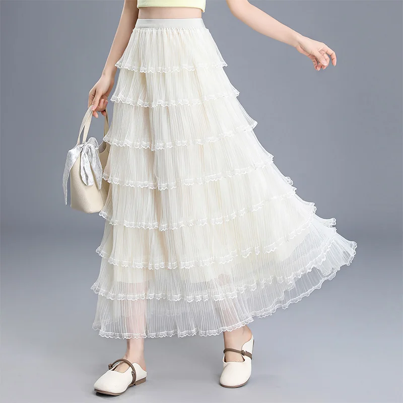 

Новая женская многослойная юбка ZUZK из сетки с эластичной талией, весна-лето, супер-сказочная, пышная, длинная юбка-клеш