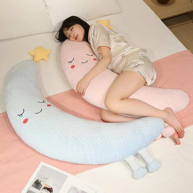 Cute Moon Shape Bubble Plush Body Pillow Soft Long Sleeping Hugging Pillow with Star Decor Home Sofa Decor Gift for Girls