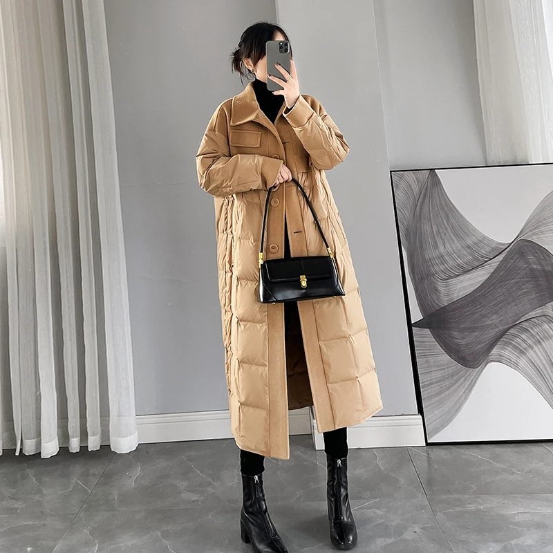 2023 New Women's Winter Loose Long Down Coat Women Cashmere Spliced White Duck Down Overcoat Fashion Female Warm Long Parkas