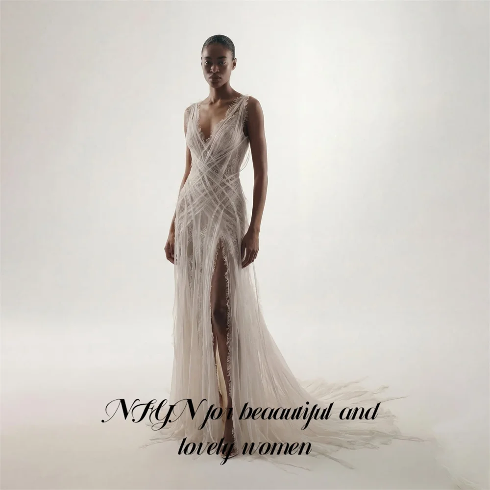 NFYN White 프롬 드레 Deep V Neck Tank Sexy Open Back Prom Gown High Split A Line Party Dresses for Formal Event Unique Customized