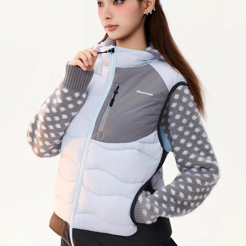 Damska kurtka z dzianiny w retro wzór w kropki, z łączonymi rękawami, na jesień i zimę, nowa, z białego puchu kaczego, z blokami kolorów, stójka, płaszcz dla dziewczyny.