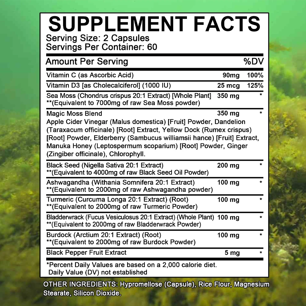 Sea Moss Supplement - Supports Skin Health, Anti-aging, Antioxidant, Improve Immunity, Detox, Improve Sleep & Mood