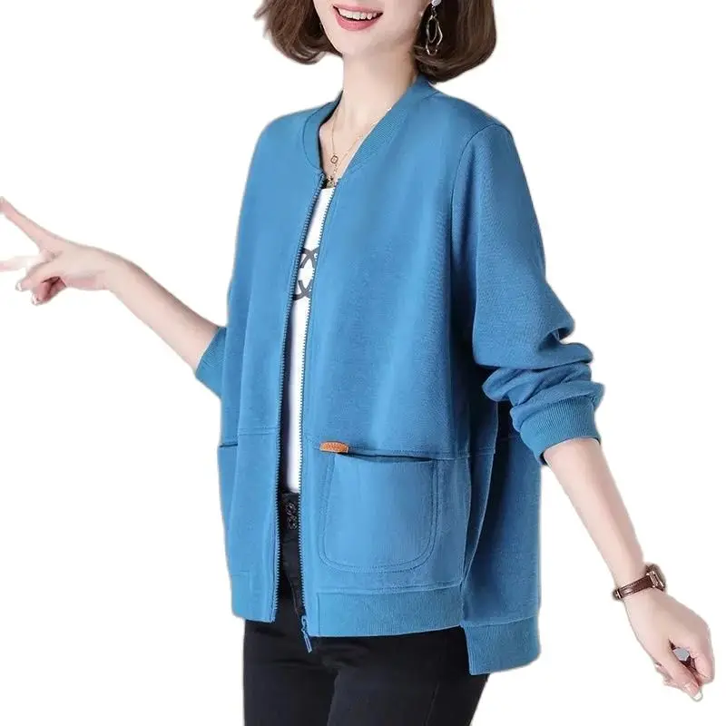 

Spring Autumn Short Coat Women 2023New Loose Round Collar Jacket Thin Long Sleeve Tops Pure Colour Fashion Pocket Outwear Female