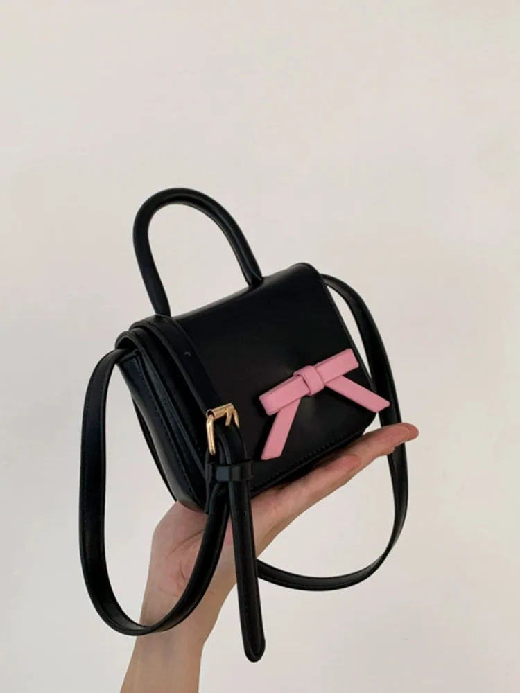 Fashion Cute Pink Bow Small Square Bags For Women 2024 New Texture Patchwork Student Mini Handbag Pu Leather Girls Crossbody Bag