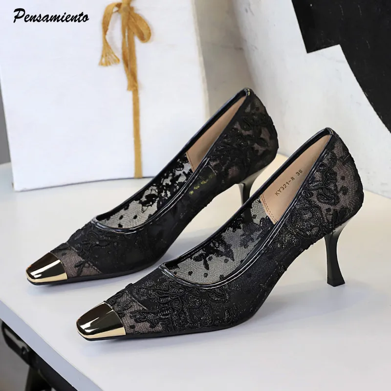 

Модные женские туфли-лодочки с металлическим квадратным носком и кружевной сеткой, элегантные офисные женские туфли на тонком высоком каблуке, весенне-осенние вечерние модельные туфли