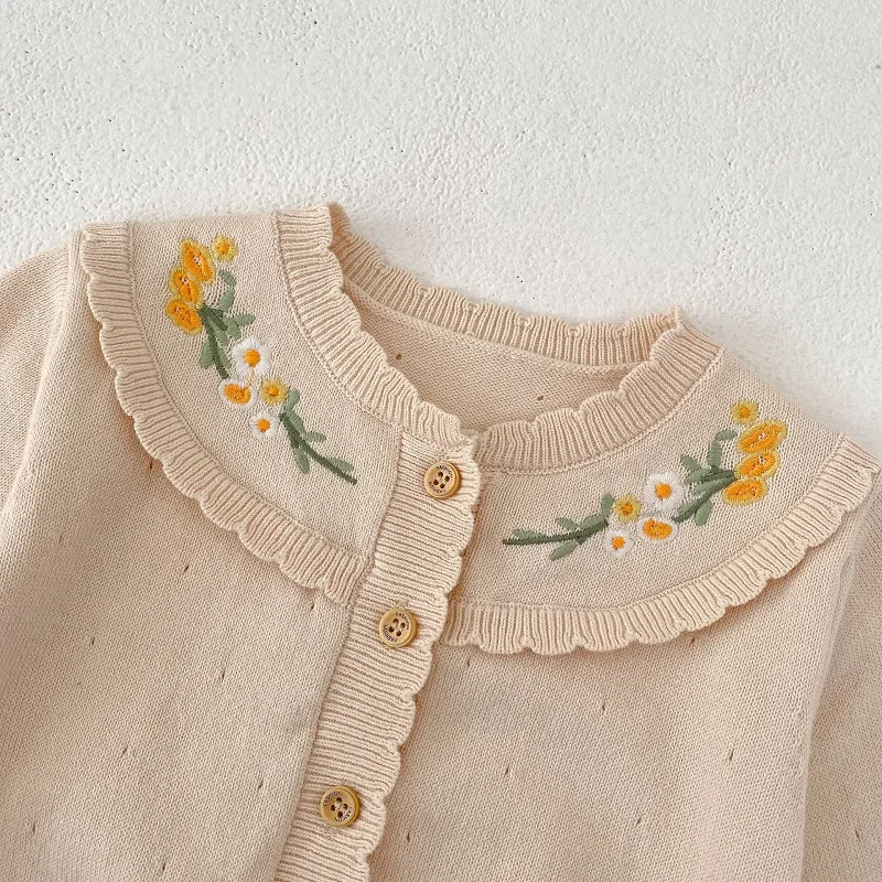 2024 Spring Baby Girl Clothes 0-3Years Newborn Kids Long Sleeve Embroidery Flower Sweater Knitted Cardigan Tops Princess Outfits