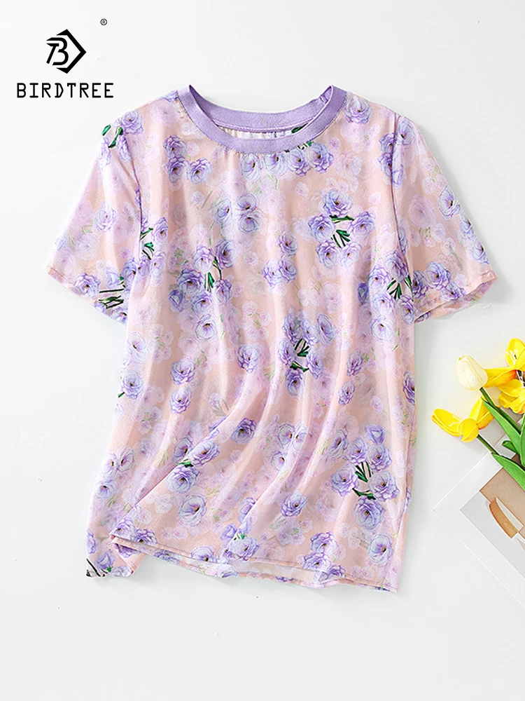 

BirdTree, 100%Real Silk Elegant T-Shirt, Women Short Sleeve Floral Print, Retro Versatile Commute Top, 2024 Summer Fall T46626QC