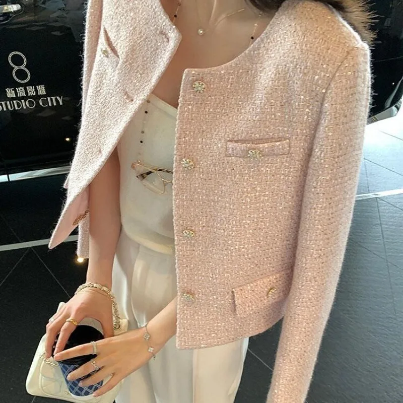 Paillettes piccola fragranza cappotto corto Tweed elegante temperamento femminile top 2024 autunno coreano Chic rosa O collo giacche donna