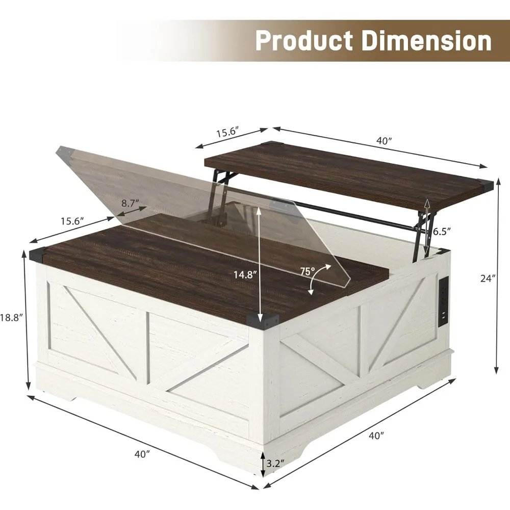 대형 농가 리프트 탑 커피 테이블, 전원 콘센트 및 대형 숨겨진 보관함, 사각형 목재 거실 테이블, 40