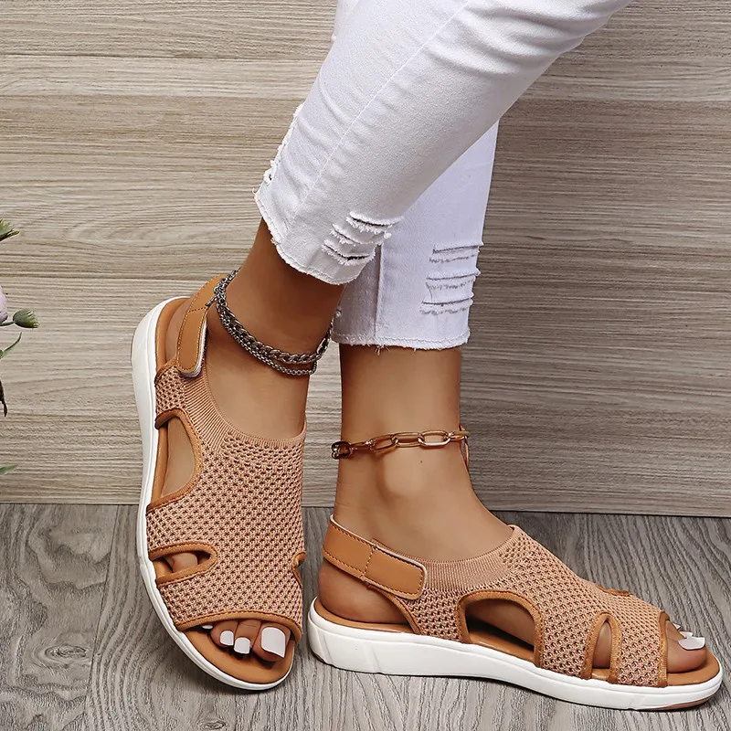 Summer New European and American Women's Sandals Large Size Breathable Elastic Fly Woven Flat Women's Casual Shoes 2023