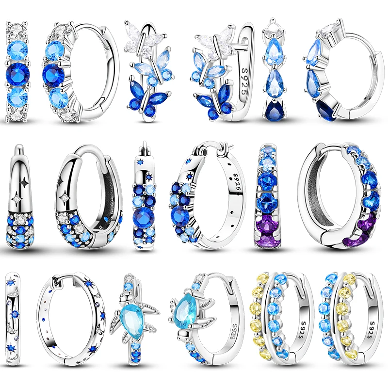 Pendientes de Aro de Plata de Ley 925 con Circonita Azul en Forma de Mariposa, Pendientes Finos para Mujer, Regalo de Joyería para Fiesta