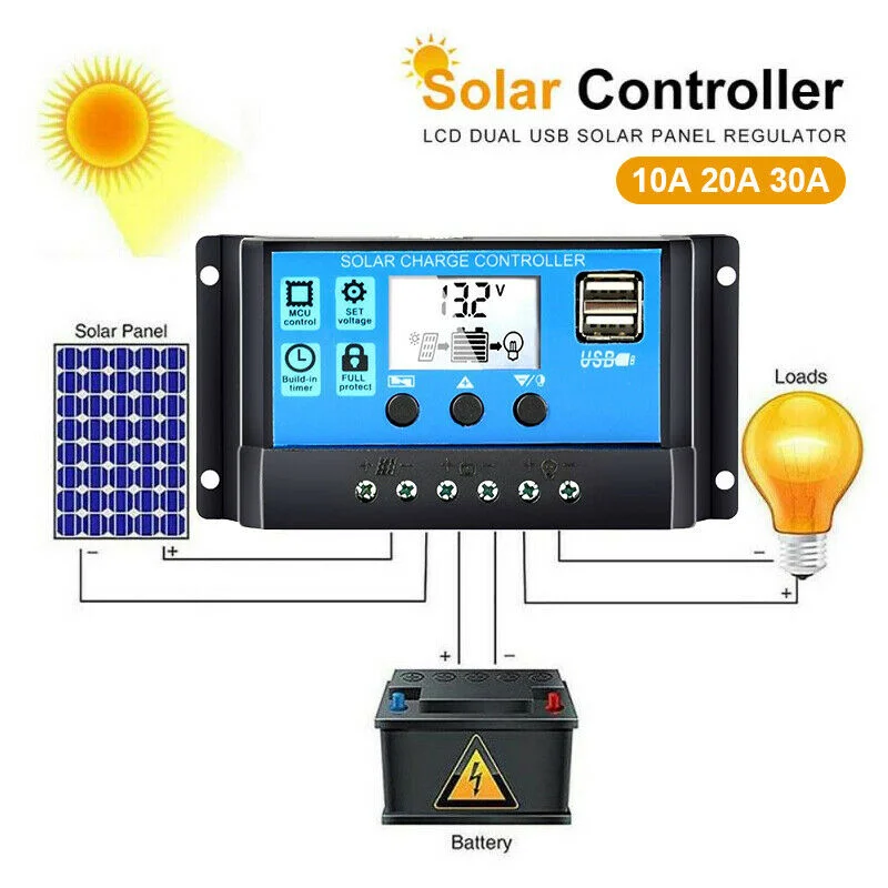 Regulator ładowania słonecznego 12V 24V PWM 10A 30A z regulowanym wyświetlaczem LCD Regulator słoneczny podwójne automatyczne ustawienie timera