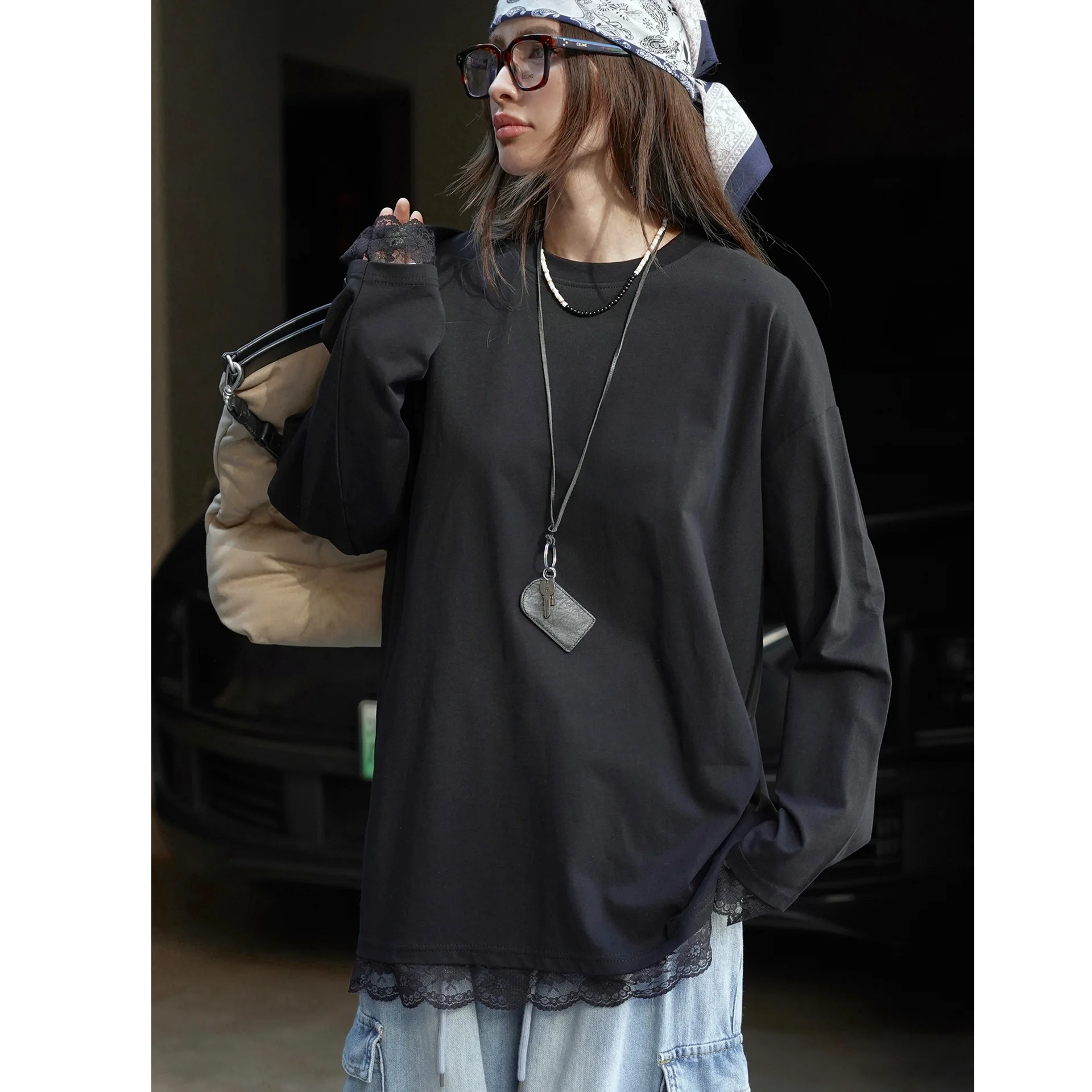 

Lace Trim Long Sleeve T-shirt Swing T-shirt Loose Tunic Top Blouse