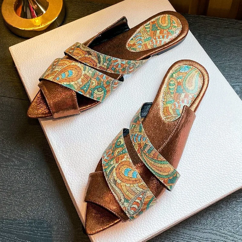 

Comfort Pointed Toe Totem Printed Slippers Women Sexy Open Toe Slide Sandals Lightweight Non-Slip Beach Flat Casual Shoes Ladies
