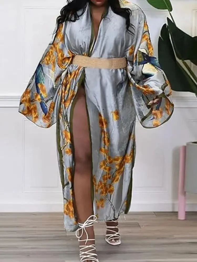 Women\'s Floral Print Satin Robe Kimono Cardigan Open Front Long Cover Ups Outerwear Kimono Robes Long