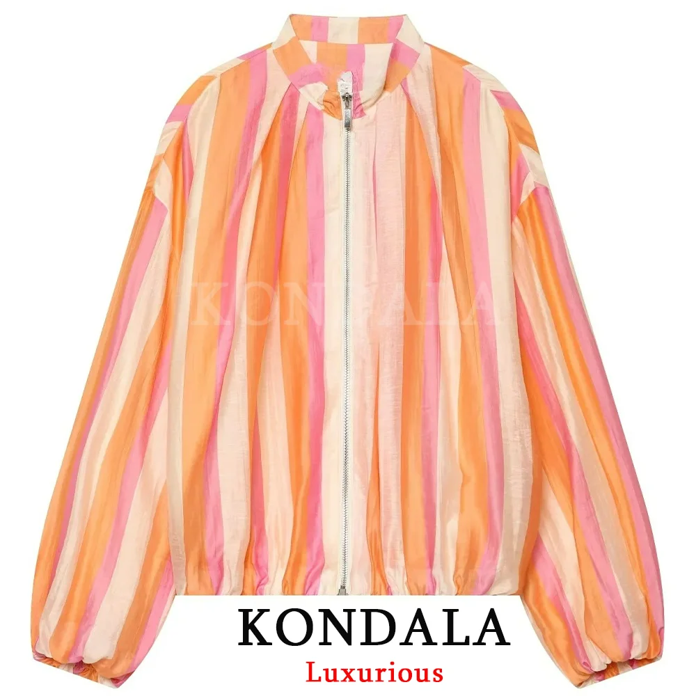 KONDALA High Street Casual Chic Women Jacket Striped Stand Collar Pocket Zipper Jacket Fashion 2026 Summer Beach Holiday Outwear