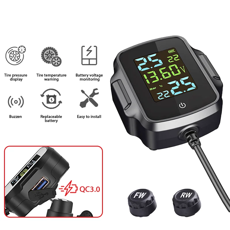 Motorcycle Tpms Tire Air Pressure Gauge Monitoring System Lcd Screen Real Time Digital Display Digital Display of Tire Pressure