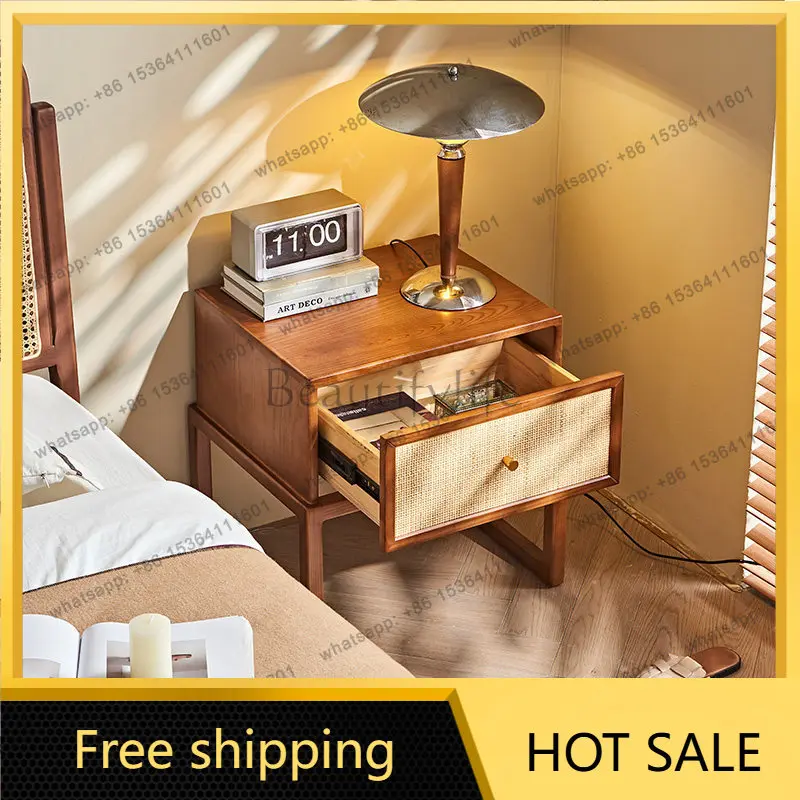 LD Nordic solid wood bedside table small apartment simple rattan edge few lockers