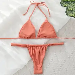 Women Bikini Set Low-cut Pleated Push Up Backless sexy hot girls Bikini Set Lace Up High Waist Halter Neck Bathing Suit Swimwear