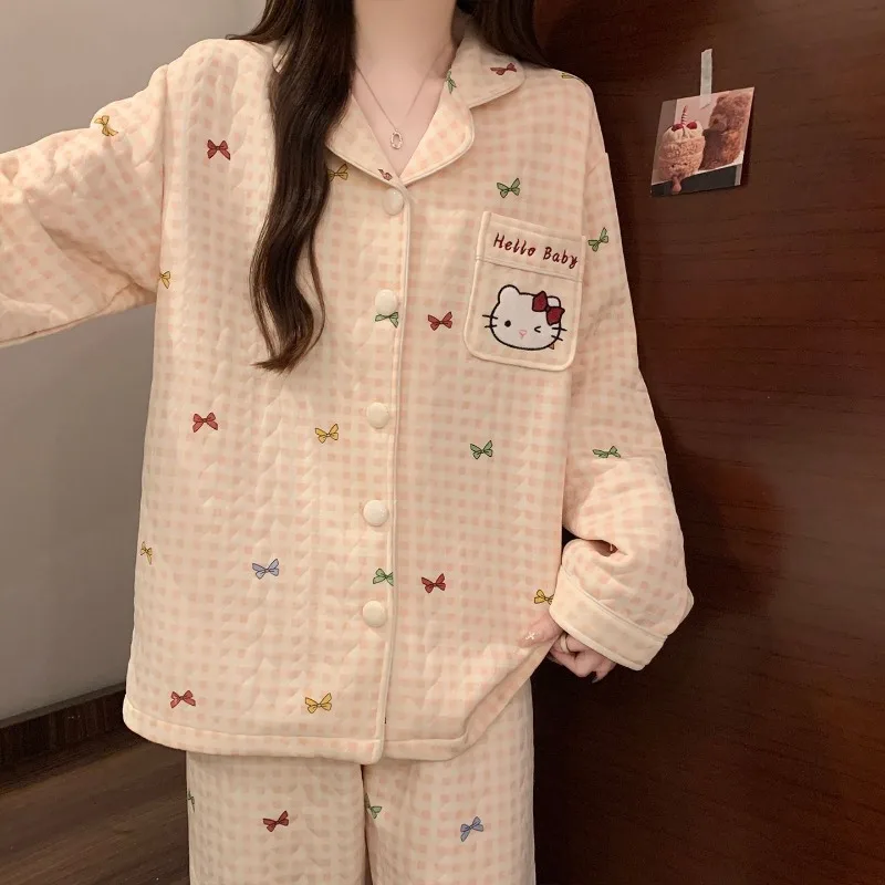 

Ins Kitty, милый костюм, пижамы, комплект домашней одежды, брюки с длинными рукавами, ночная рубашка, милый повседневный костюм с героями мультфильмов для девочек, Femme, студентка, осень-зима