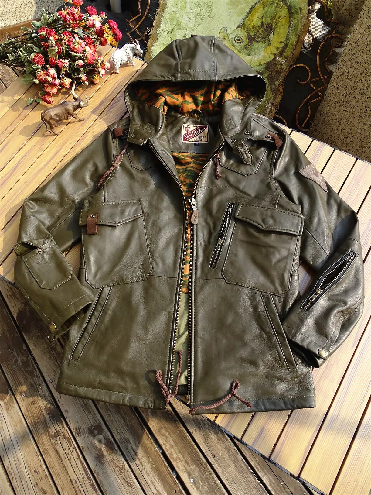 Tailor Brando Full Grain Goatskin Men's Genuine Leather Field Hooded Safari Jacket