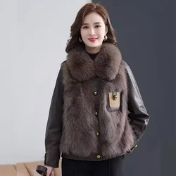 Ladies Long Sleeve Fox Fur Grass Coat 2024 Women Loose Faux Fur Jacket  Autumn Winter Female Large Size 4XL Pu Leather Outwear